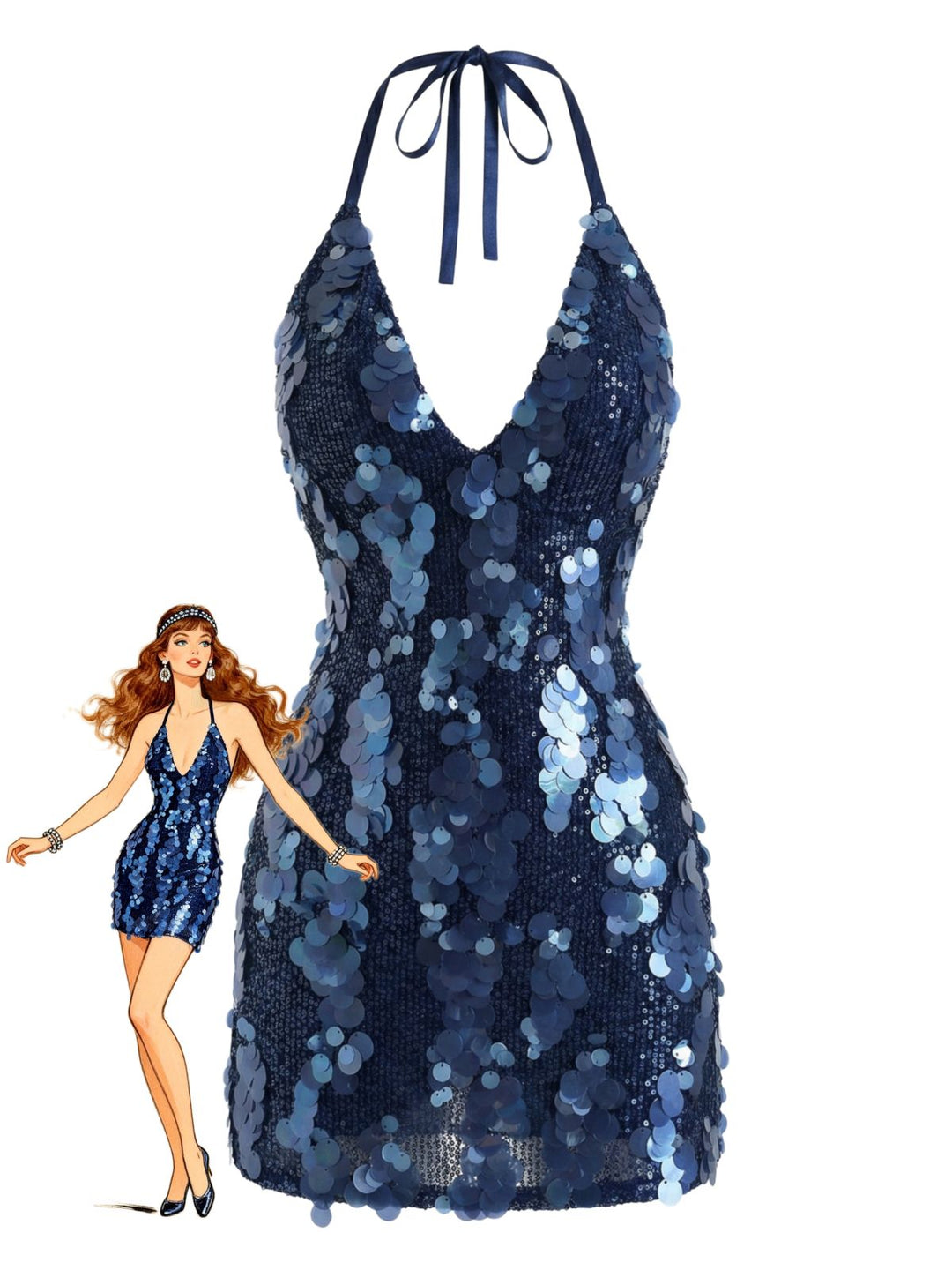 Dark Blue 2000s Solid Slip Sequined Dress - vintage dress, retro fashion