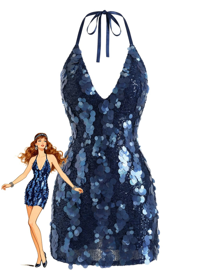 Dark Blue 2000s Solid Slip Sequined Dress - vintage dress, retro fashion
