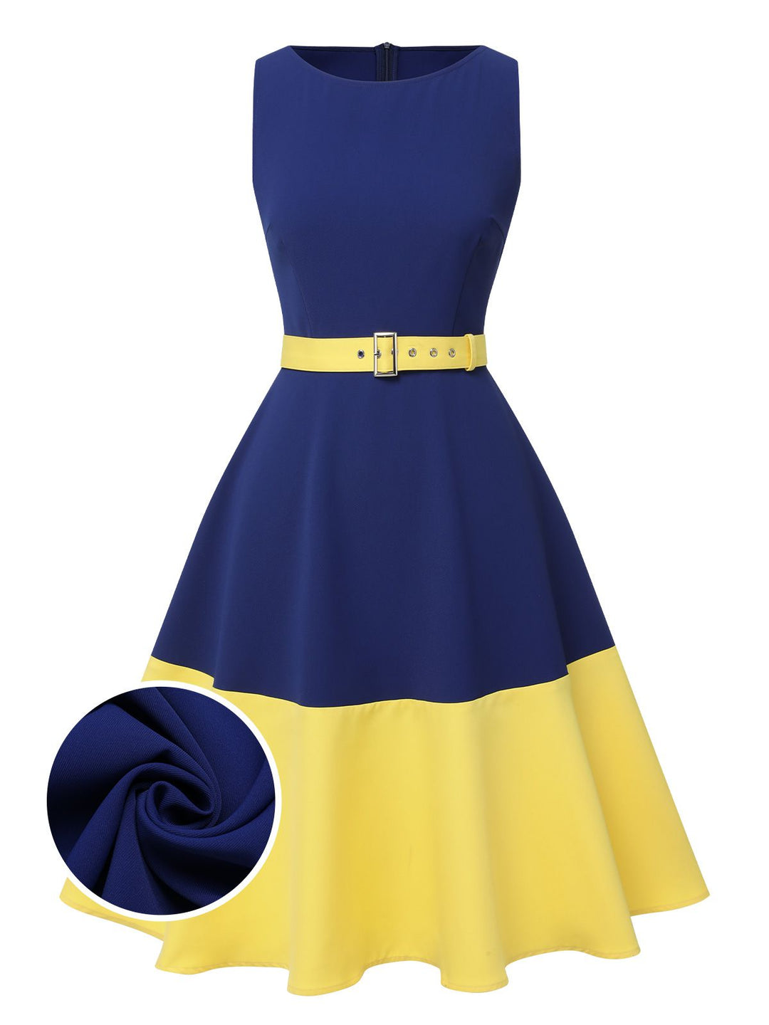 Dark Blue &amp; Yellow 1950s Solid Boat Neck Dress, vintage dress, retro fashion, rockabilly, pin-up fashion - perfect for women who love vintage and retro fashion