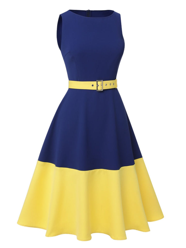 Dark Blue &amp; Yellow 1950s Solid Boat Neck Dress, vintage dress, retro fashion, rockabilly, pin-up fashion - perfect for women who love vintage and retro fashion