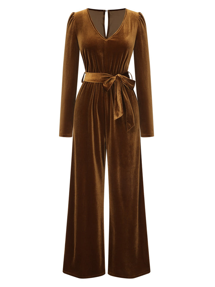 Dark Brown 1930s Solid V-Neck Velvet Jumpsuit, vintage romper, retro jumpsuit - perfect for women who love vintage and retro fashion