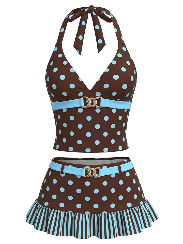 Dark Brown Polka Dot Tankini Set - vintage fashion, retro style