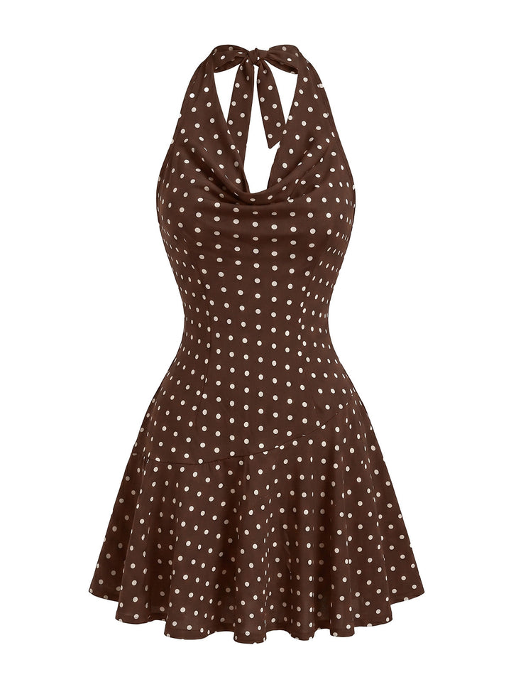 Dark Brown 1960s Polka Dot Halter Backless Dress, vintage dress, retro fashion - perfect for women who love vintage and retro fashion