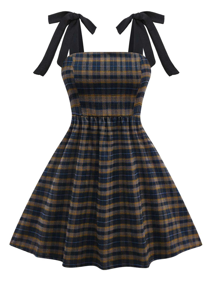 Dark Coffee 1950s Bow Strap Plaid Dress - vintage dress, retro fashion, rockabilly