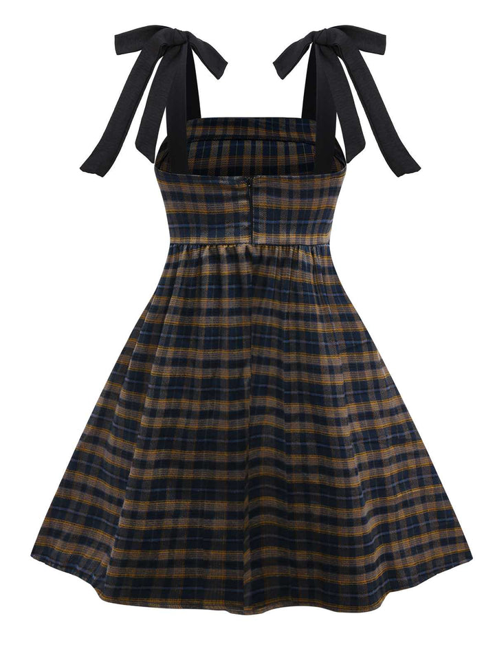 Dark Coffee 1950s Bow Strap Plaid Dress - vintage dress, retro fashion, rockabilly
