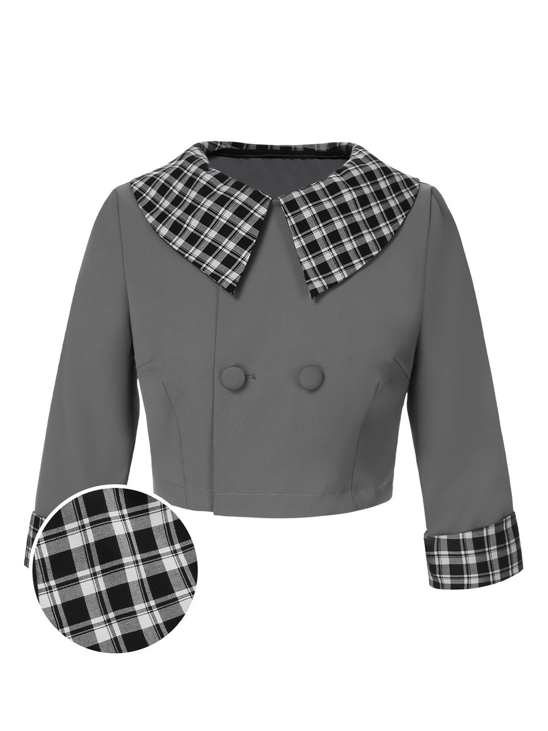 Dark Gray 1950s Lapel Rolled Sleeve Plaid Short Coat, vintage coat, outerwear - perfect for women who love vintage and fashion