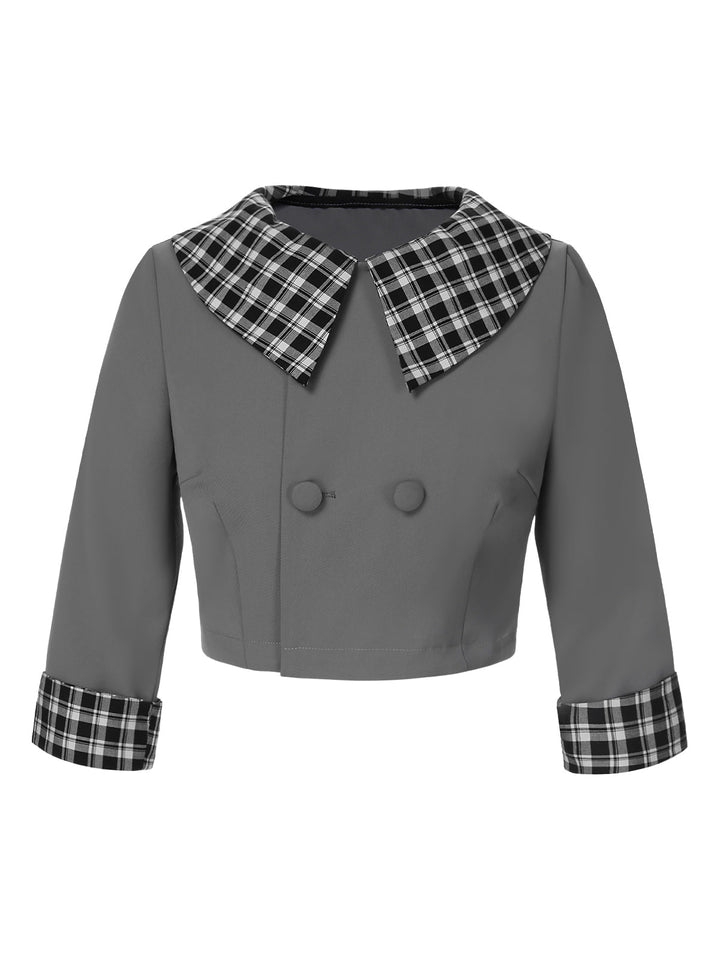 Dark Gray 1950s Lapel Rolled Sleeve Plaid Short Coat, vintage coat, outerwear - perfect for women who love vintage and fashion