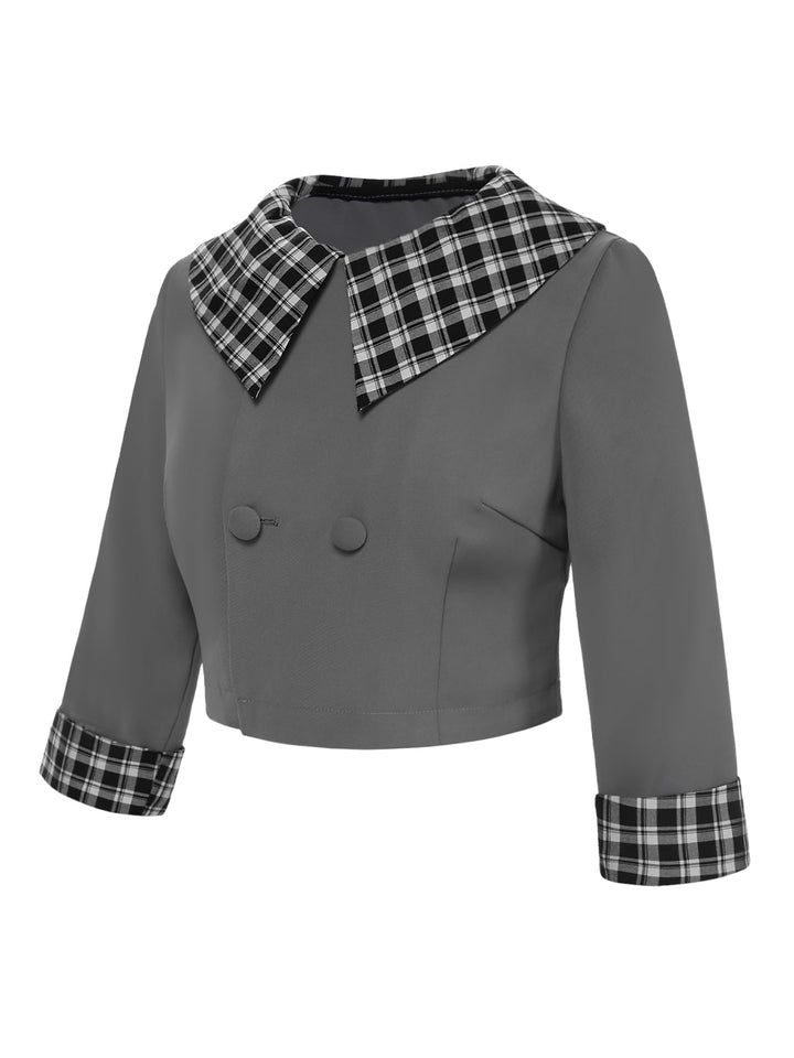 Dark Gray 1950s Lapel Rolled Sleeve Plaid Short Coat, vintage coat, outerwear - perfect for women who love vintage and fashion