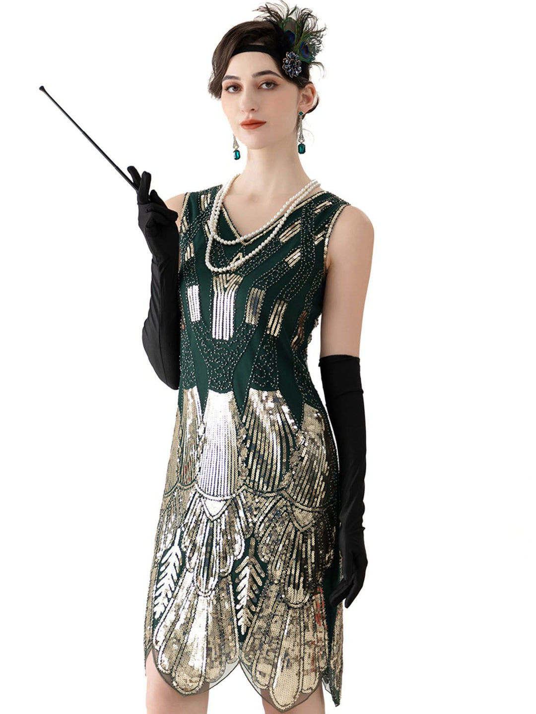 She slips into this Dark Green 1920s V-Neck Sequined Flapper Dress and suddenly it&