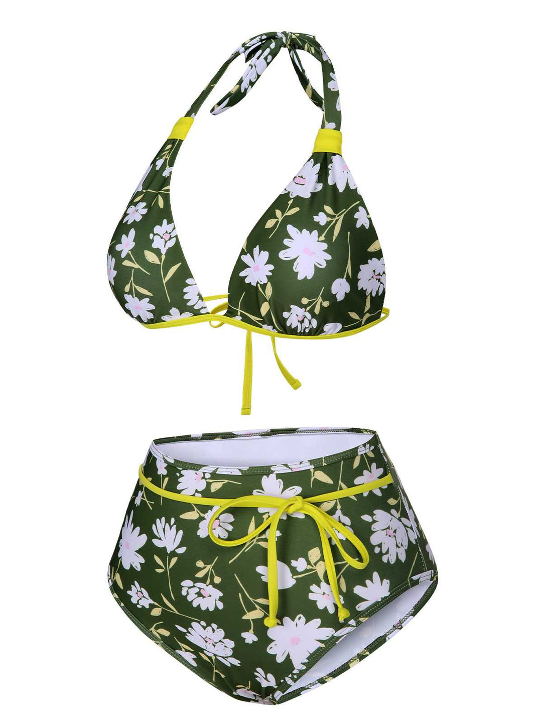This Dark Green 1940s Halter Bow Floral Swimsuit carries 1940s vacation dreams in every stitch