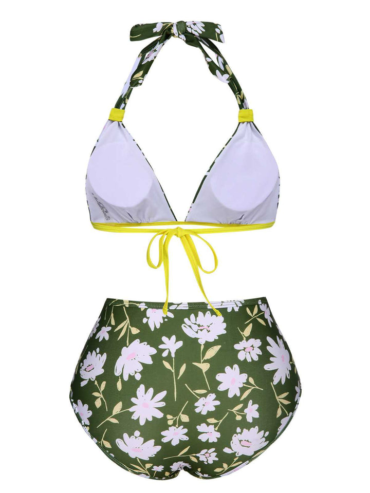 Dark Green 1940s Halter Bow Floral Swimsuit — because 1940s glamour never goes out of style