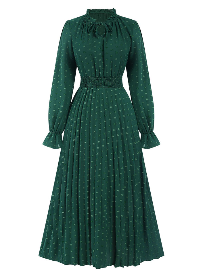 She slips into this Dark Green 1940s Lantern Sleeve Ruffles Dress and suddenly it&