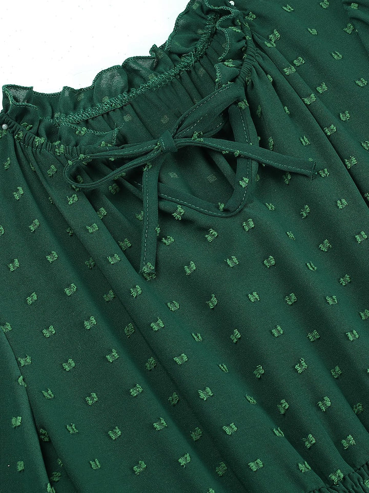 Dark Green 1940s Lantern Sleeve Ruffles Dress — the kind of 1940s dress that makes strangers smile
