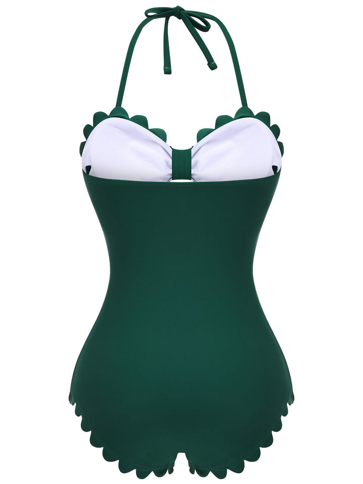 Dark Green 1940s Solid Halter One-piece Swimsuit, vintage swimsuit, pin-up swimwear - perfect for women who love vintage and retro fashion