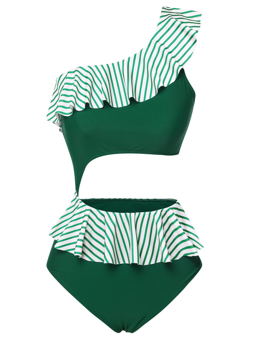 Dark Green 1940s Striped Ruffled Swimsuit, vintage swimsuit, pin-up swimwear - perfect for women who love vintage and retro fashion