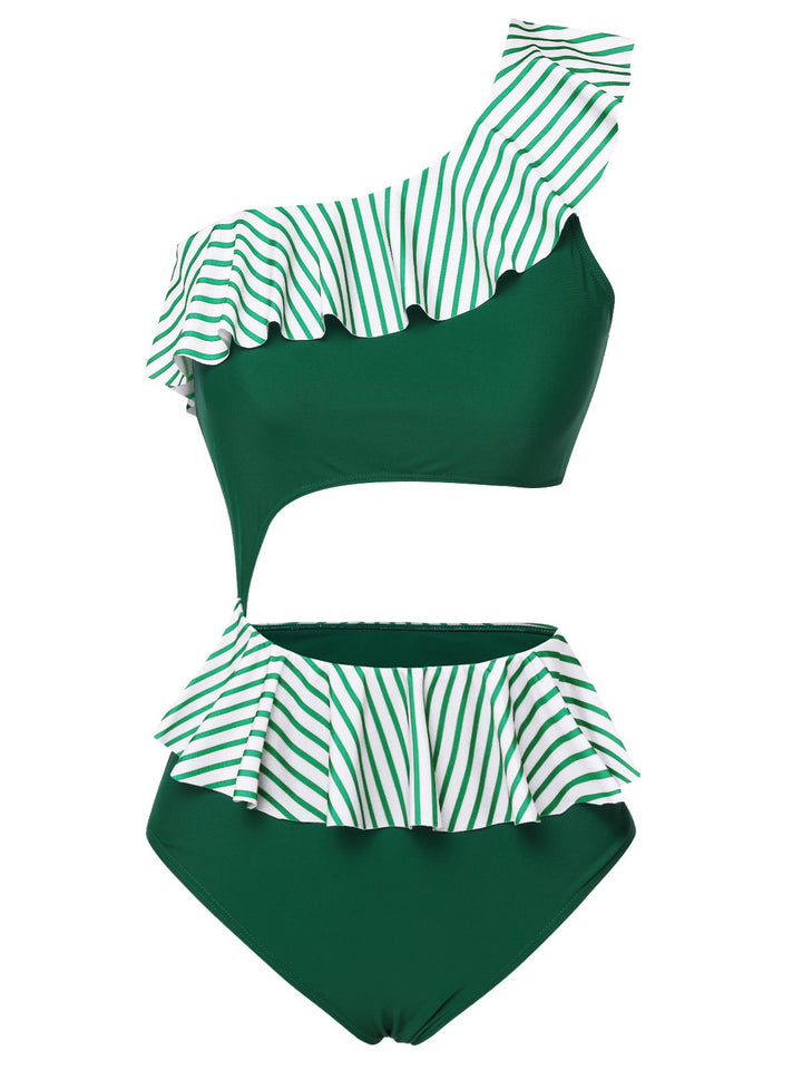 Dark Green 1940s Striped Ruffled Swimsuit, vintage swimsuit, pin-up swimwear - perfect for women who love vintage and retro fashion