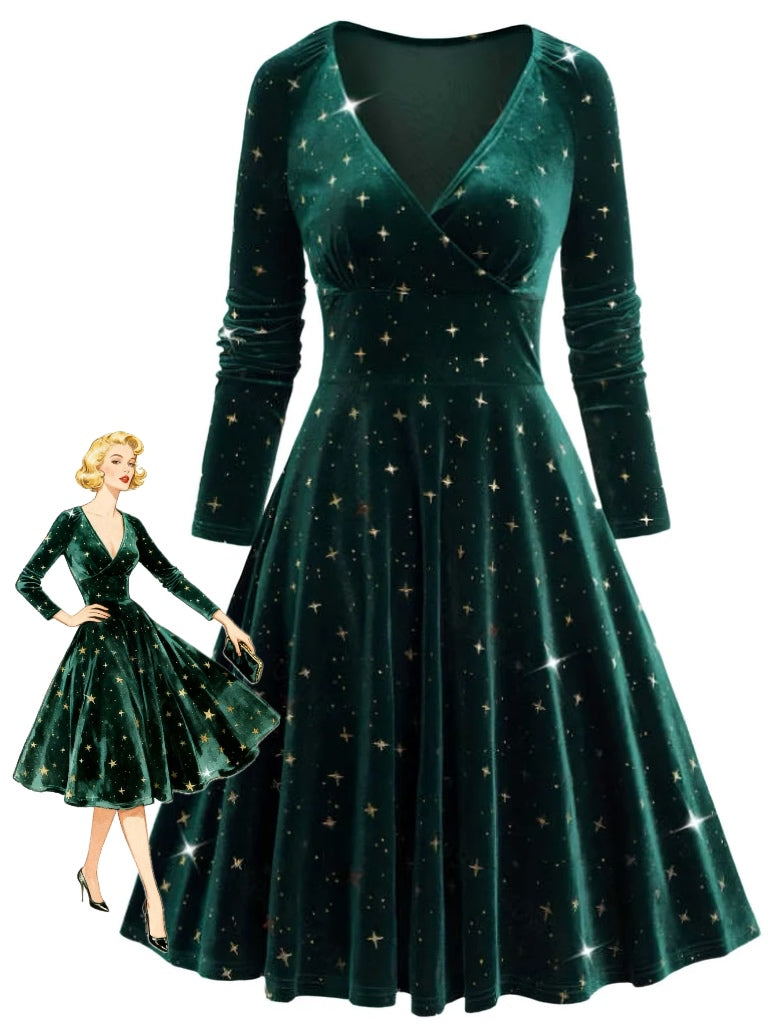 Dark Green 1940s V-Neck Star Velvet Dress - vintage dress, retro fashion