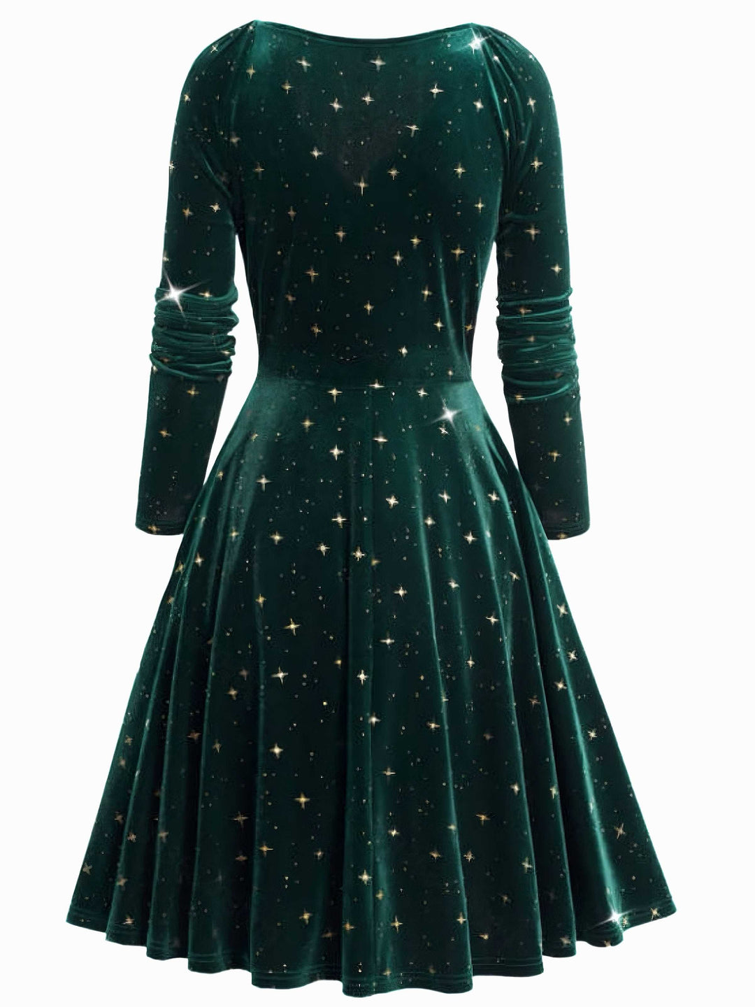 Dark Green 1940s V-Neck Star Velvet Dress - vintage dress, retro fashion