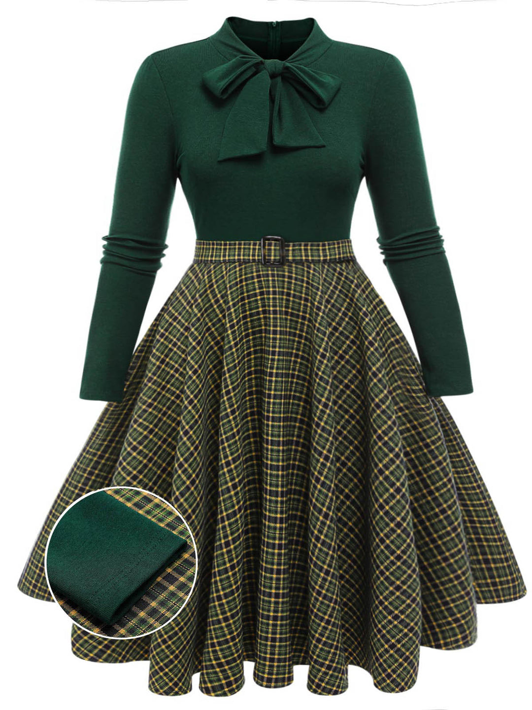 She slips into this Dark Green 1950s Plaid Knitting Dress and suddenly it&