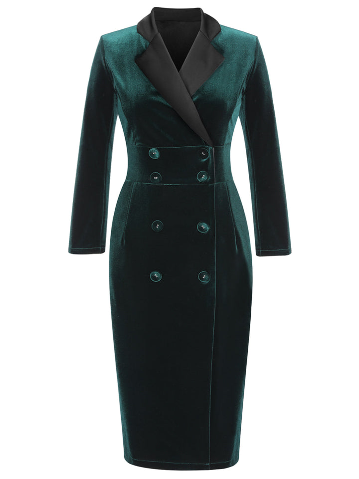 Dark Green 1960s Lapel Button Velvet Dress: timeless style reimagined