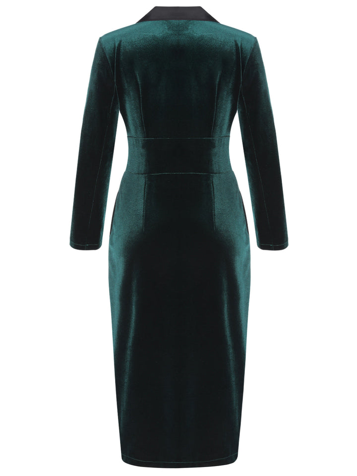 Dark Green 1960s Lapel Button Velvet Dress — vintage elegance for the modern woman