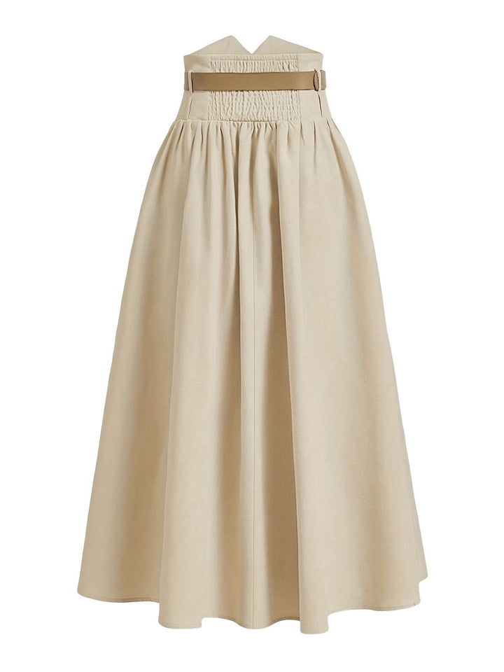 Dark Khaki 1940s Solid Button Belt Pleated Skirt - vintage skirt, retro style