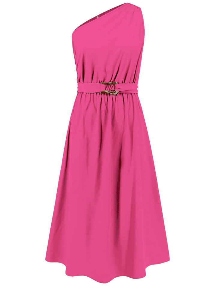 She slips into this Dark Pink 1940s Solid One Shoulder Dress and suddenly it&