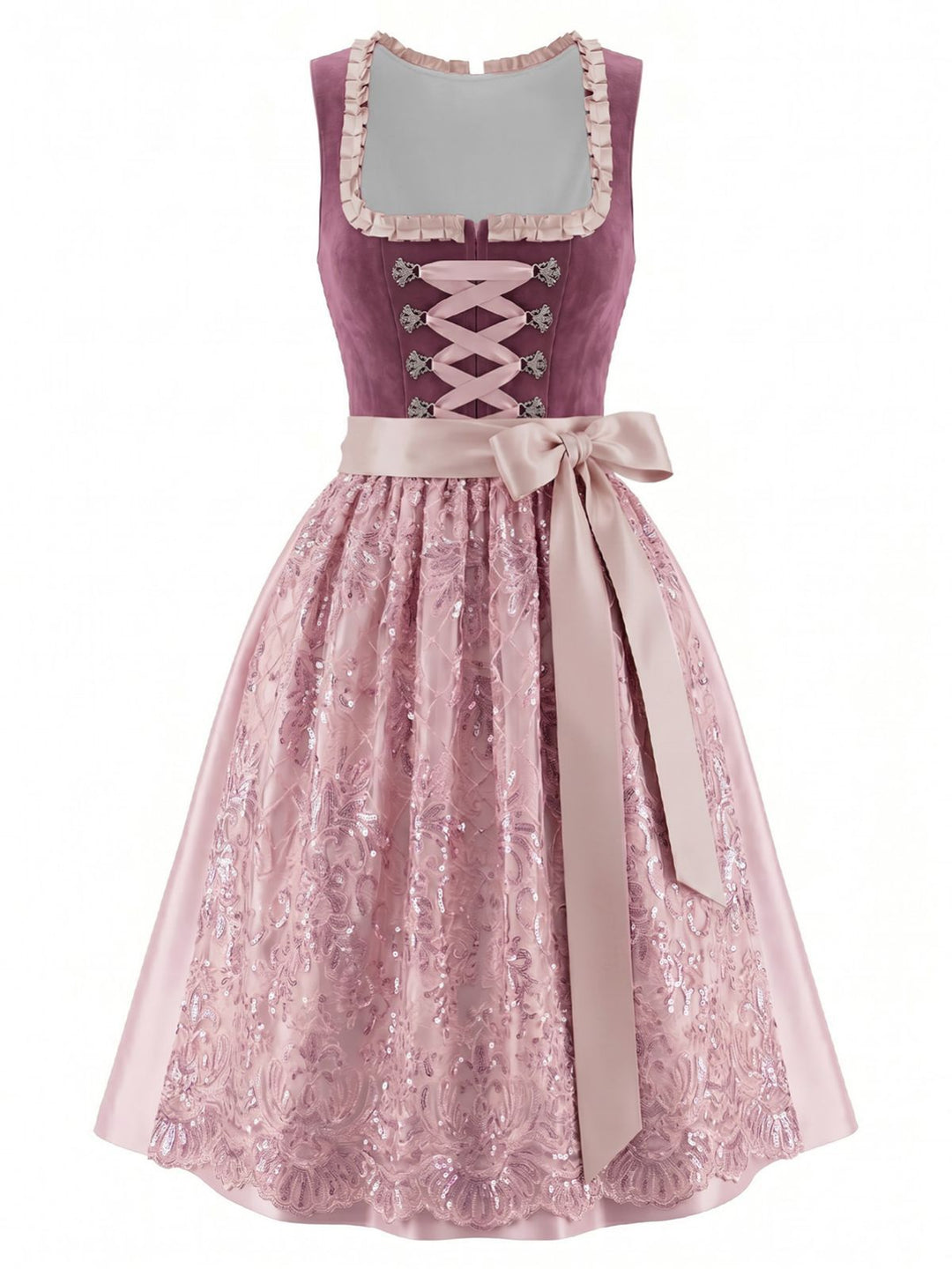 Dark Pink 1950s Floral Square Neck Dress with Sequin Apron, vintage dress, retro fashion, rockabilly, pin-up fashion - vintage inspired fashion