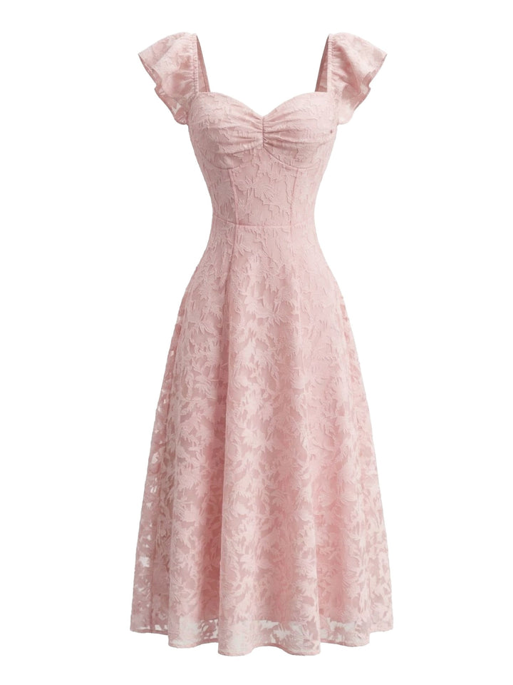 Pink 1950s Sweetheart Jacquard Lace Ruffle Sleeve Dress - vintage dress, retro fashion, rockabilly, pin-up fashion for vintage lovers