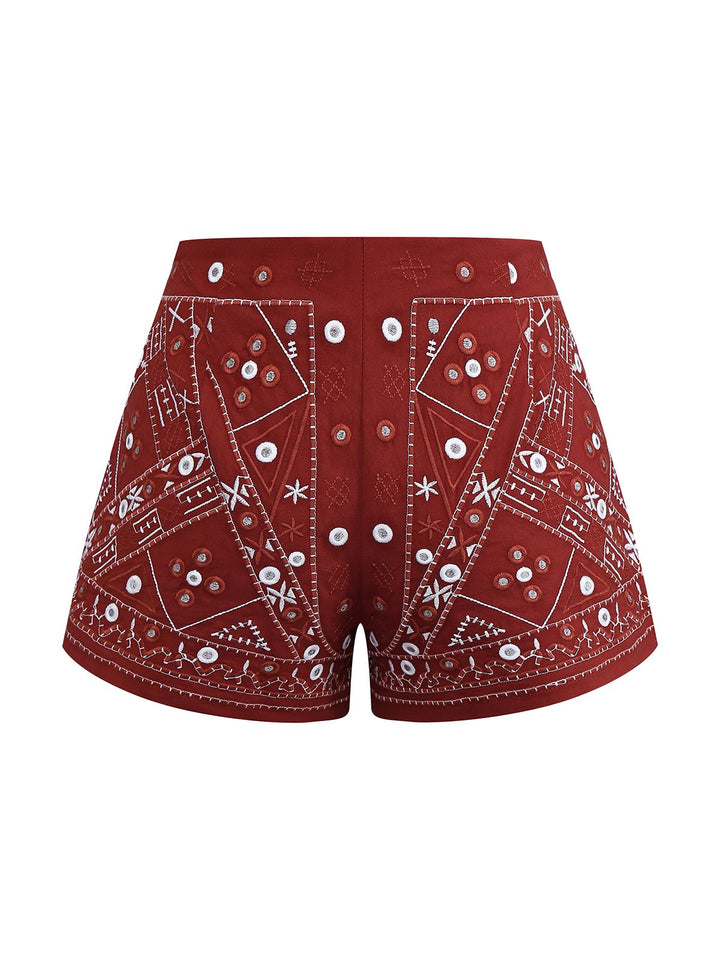 Dark Red 1970s Embroidered Boho Shorts - vintage fashion, retro style, elegant red