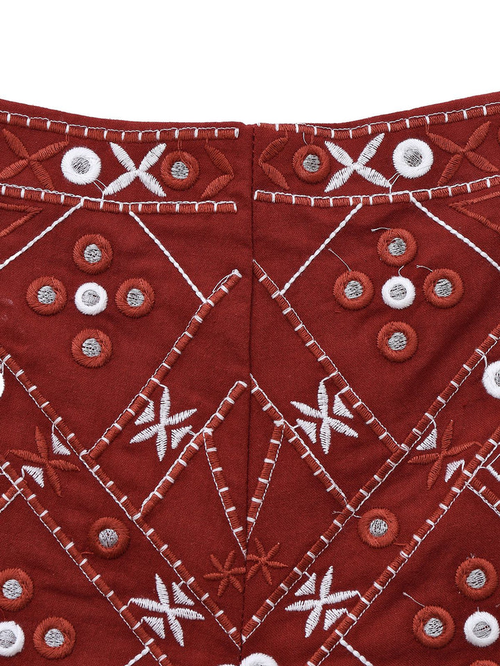 Dark Red 1970s Embroidered Boho Shorts - vintage fashion, retro style, elegant red