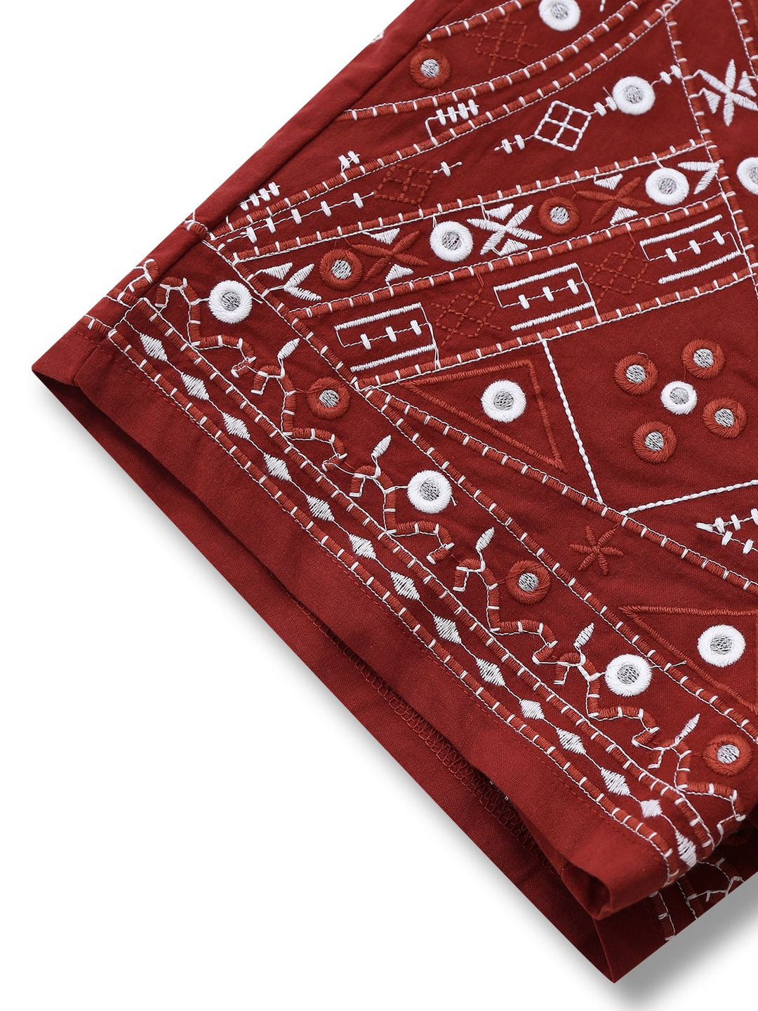 Dark Red 1970s Embroidered Boho Shorts - vintage fashion, retro style, elegant red