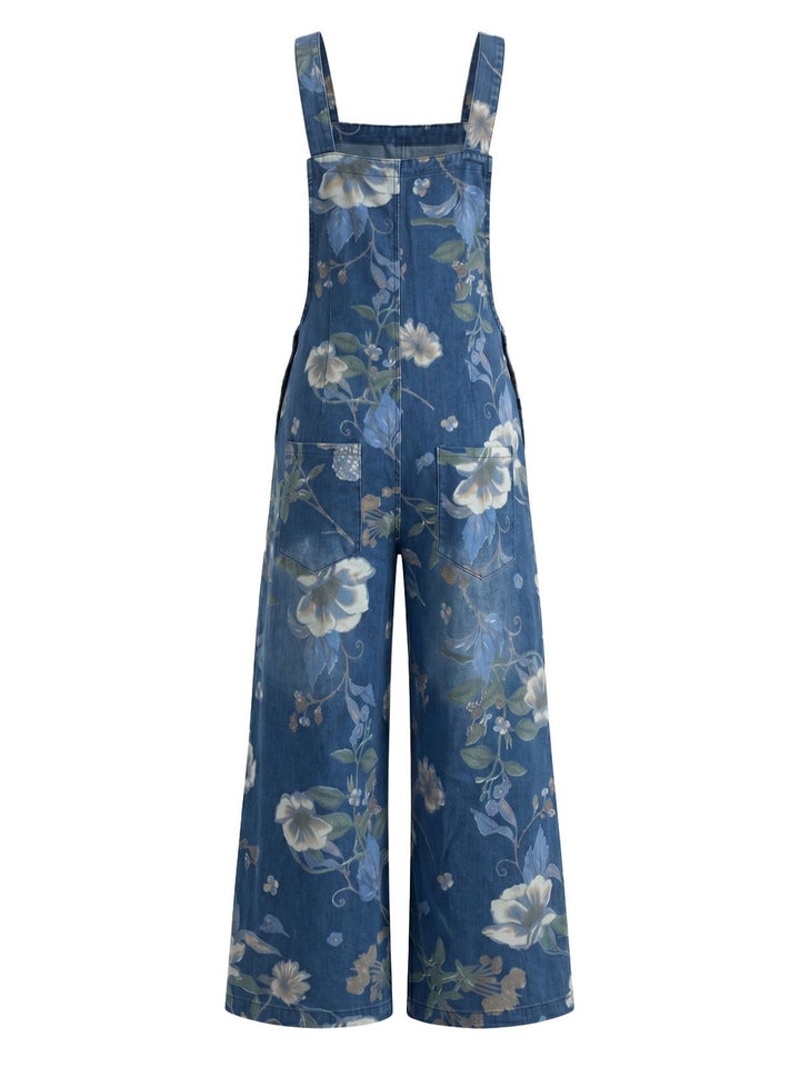 Deep Blue 1950s Floral Print Denim Overalls with Pockets, vintage fashion, retro style, rockabilly, pin-up fashion - vintage inspired fashion