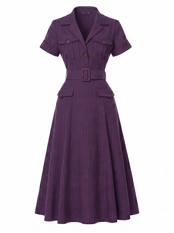 [Pre-Sale] Deep Purple 1940s Floral V Neck Striped Dress 2