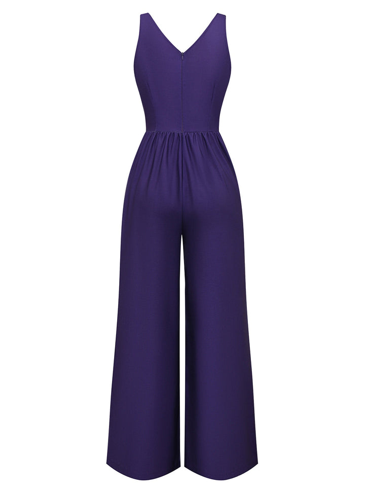 Deep Purple 1970s V-Neck Floral Boho Jumpsuit - vintage jumpsuit, retro fashion
