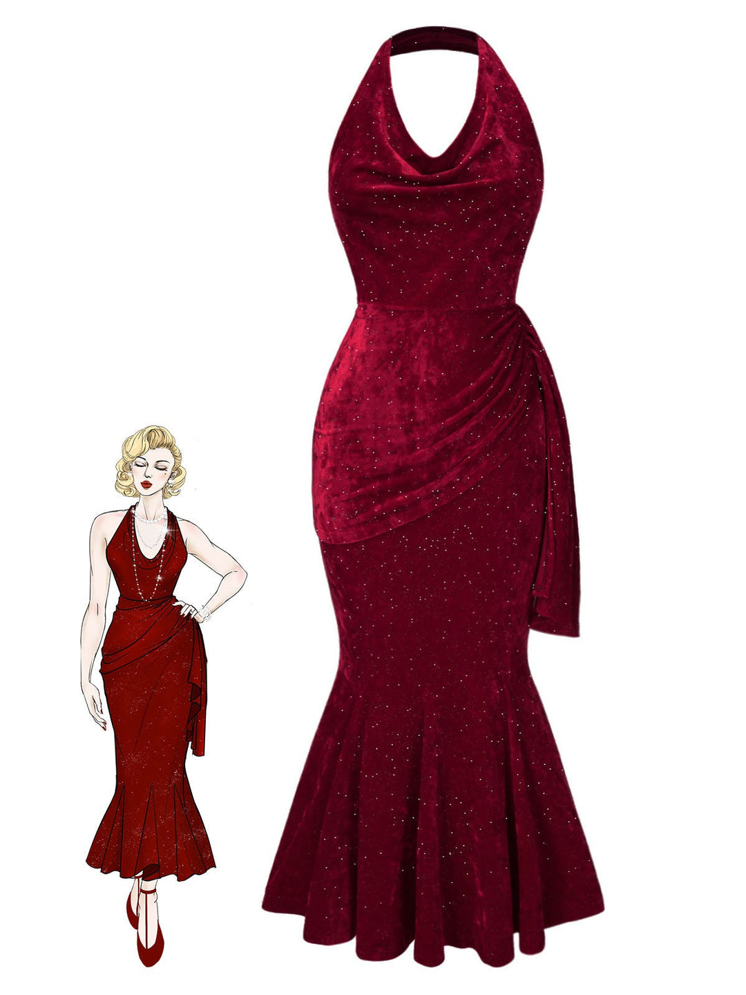 She slips into this Deep Red 1930s Glitter Cowl Neck Mermaid Dress and suddenly it&