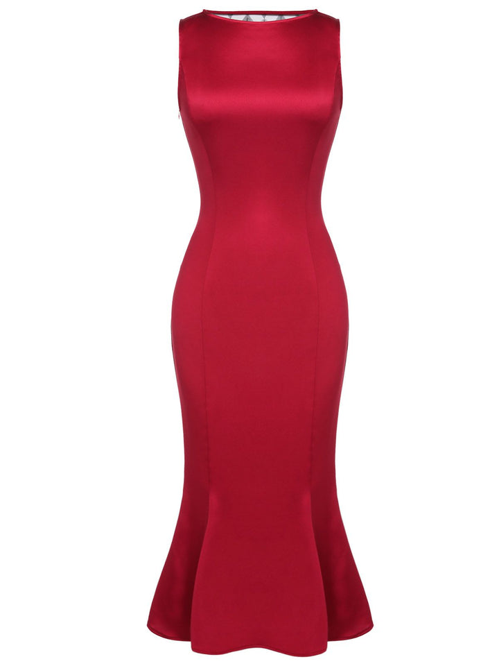 Deep Red 1930s Solid Bow Decor Fishtail Dress, vintage dress, retro fashion - perfect for women who love vintage and retro fashion
