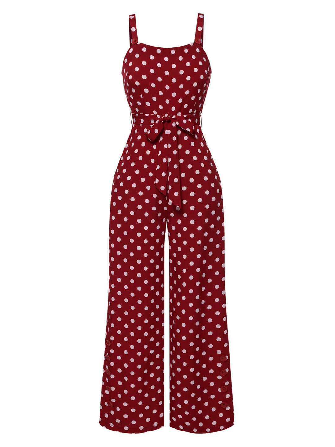 Deep Red 1940s Polka Dot Straps Jumpsuit, vintage romper, retro jumpsuit - perfect for women who love vintage and retro fashion