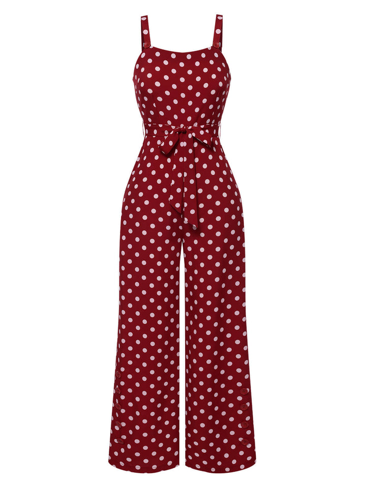 Deep Red 1940s Polka Dot Straps Jumpsuit, vintage romper, retro jumpsuit - perfect for women who love vintage and retro fashion
