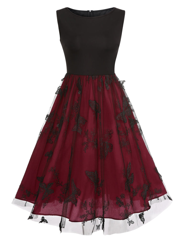 Deep Red 1950s Mesh Butterflies Sleeveless Dress, vintage dress, retro fashion, rockabilly, pin-up fashion - perfect for women who love vintage and retro fashion