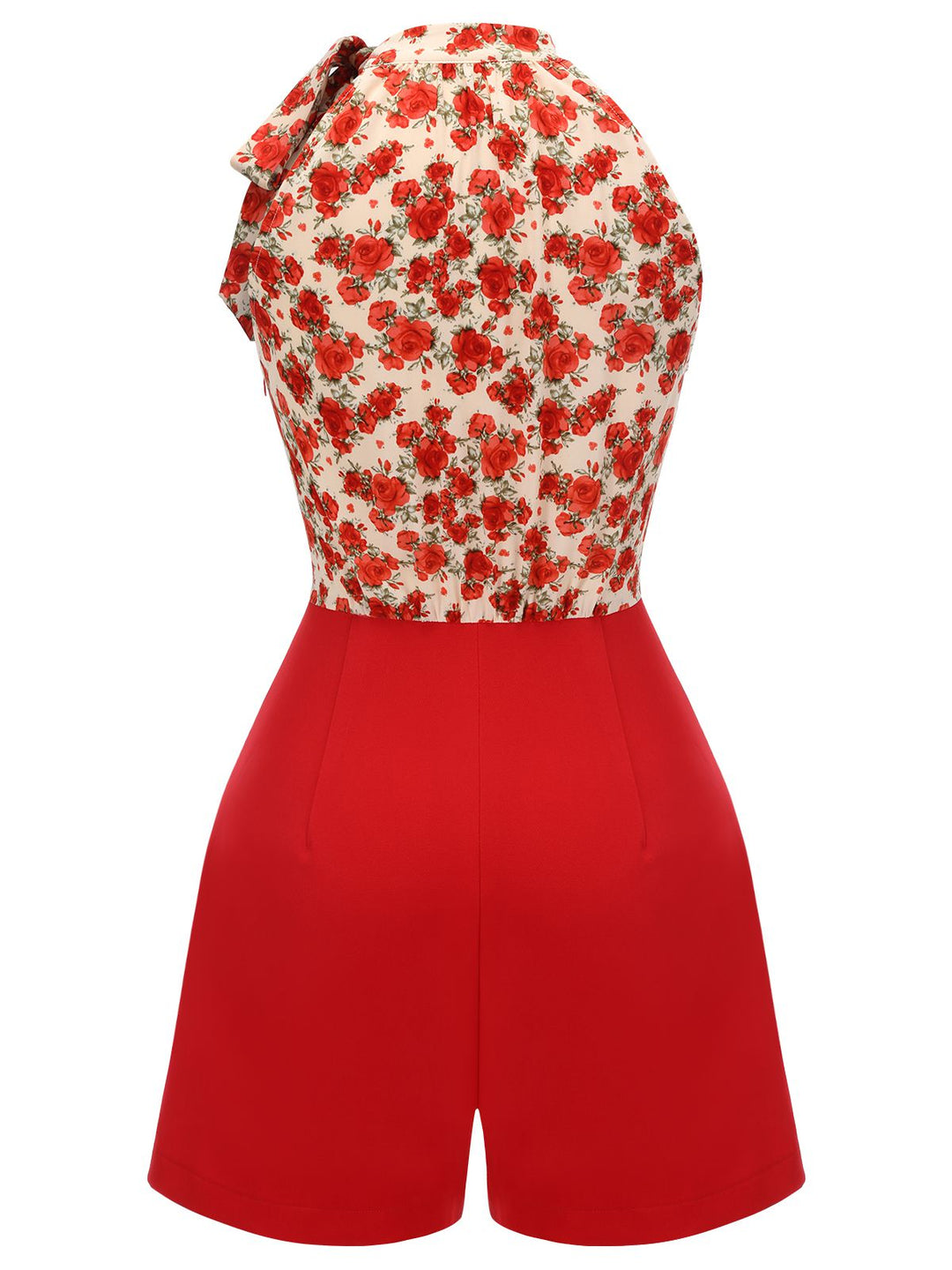 Deep Red 1950s Rose Lace Up Patchwork Romper, vintage romper, retro jumpsuit - perfect for women who love vintage and retro fashion