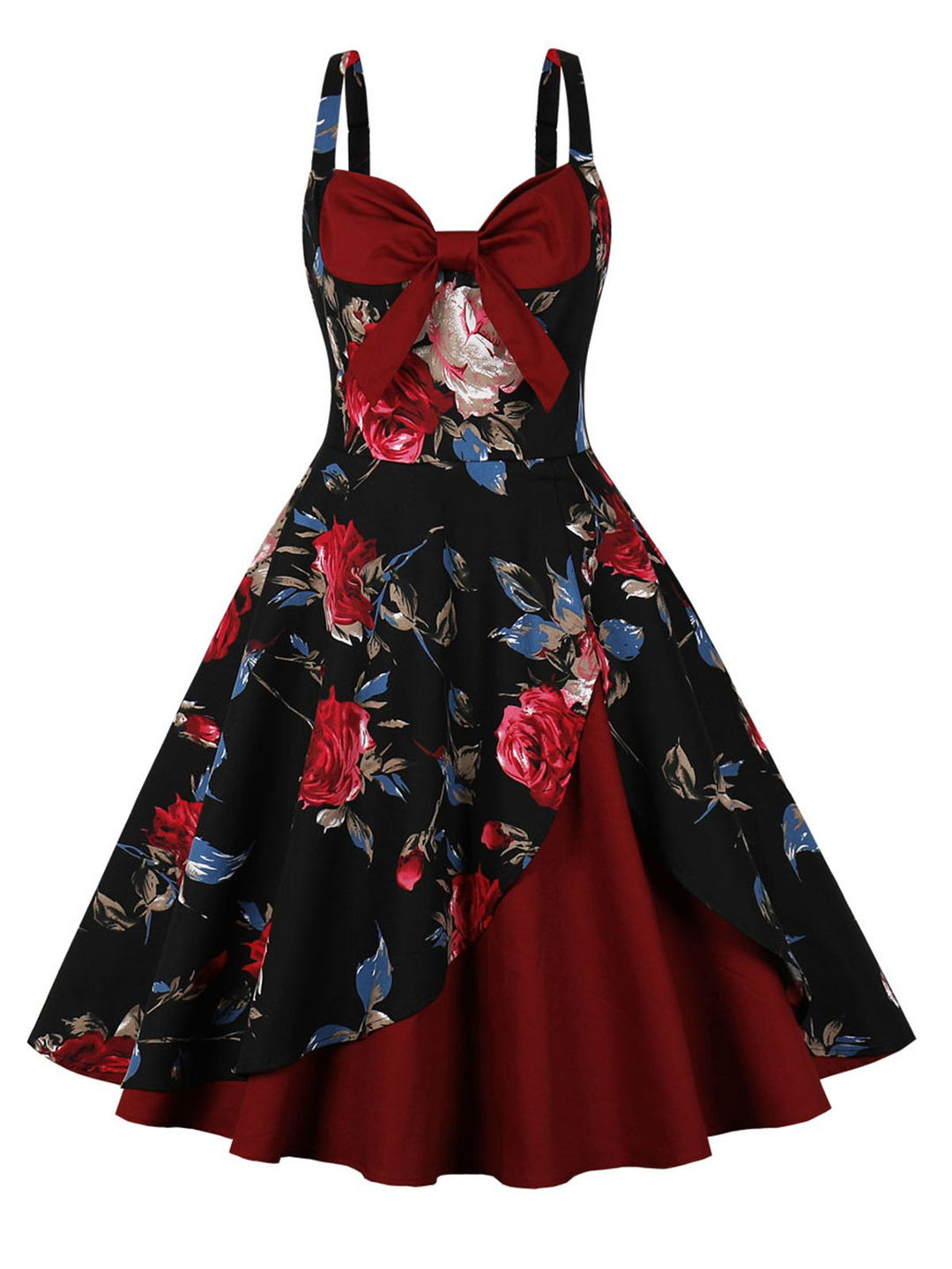 She slips into this Deep Red 1950s Rose Strap Patchwork Dress and suddenly it&
