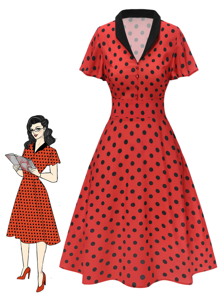 She slips into this Deep Red 1950s V-Neck Polka Dots Lapel Dress and suddenly it&