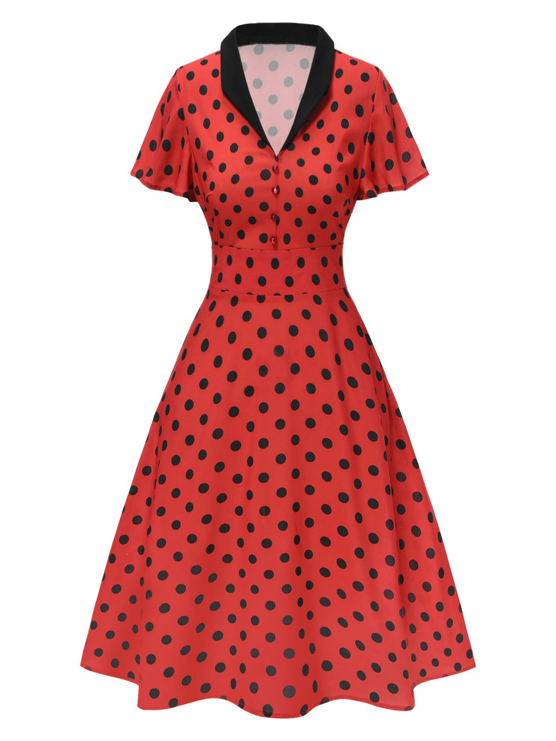 This Deep Red 1950s V-Neck Polka Dots Lapel Dress wraps her in 1950s elegance, one twirl at a time