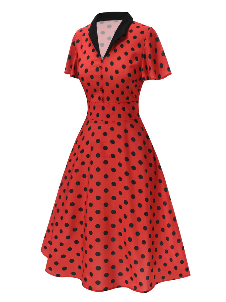 Deep Red 1950s V-Neck Polka Dots Lapel Dress — the kind of 1950s dress that makes strangers smile