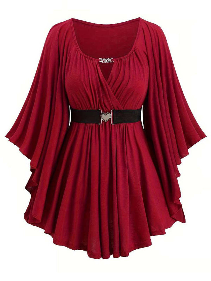 Deep Red 1970s Batwing Sleeve Ruffled Top - vintage fashion, retro style, elegant red