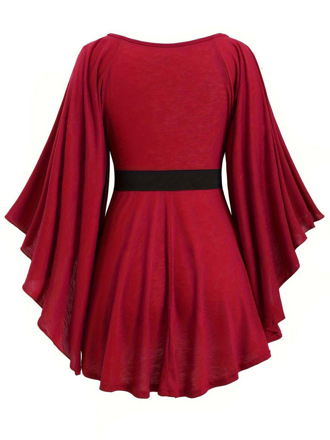 Deep Red 1970s Batwing Sleeve Ruffled Top - vintage fashion, retro style, elegant red