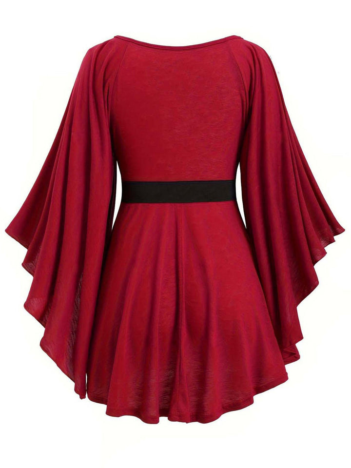 Deep Red 1970s Batwing Sleeve Ruffled Top - vintage fashion, retro style, elegant red