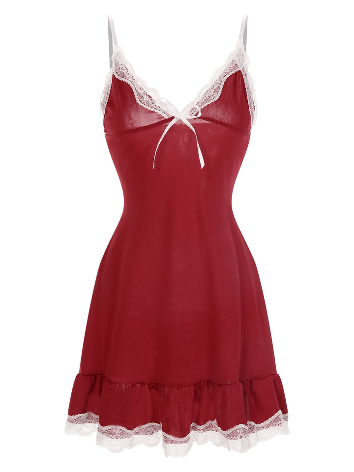 She slips into this Deep Red Spaghetti Straps Lace Nightgown and suddenly it&
