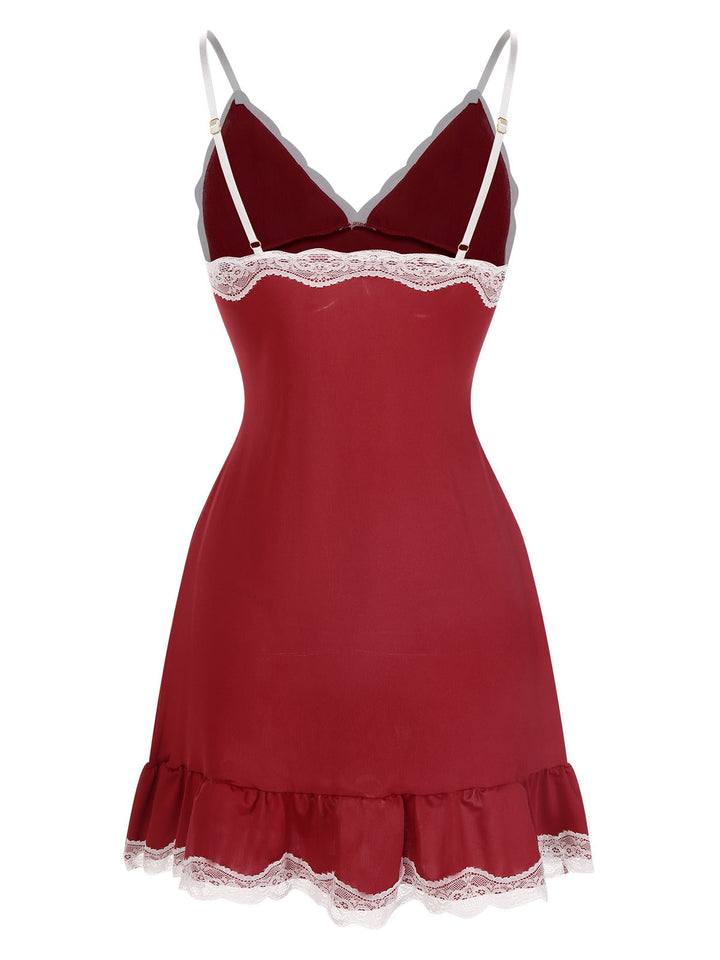 Deep Red Spaghetti Straps Lace Nightgown, vintage fashion, retro style - perfect for women who love vintage and retro fashion